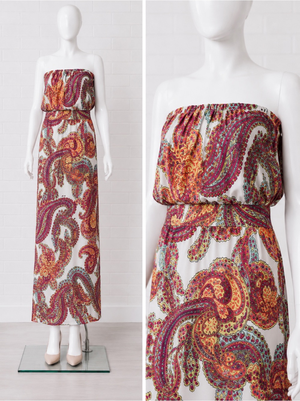J USA Strapless Paisley Maxi Dress Vibrant Boho Stretch Made in USA Small